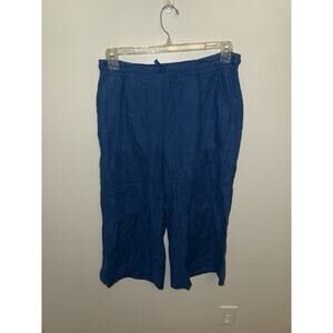 Yuvita 100% Linen Wide Leg Cropped Pants Blue Lagenlook Size Large Drawstring